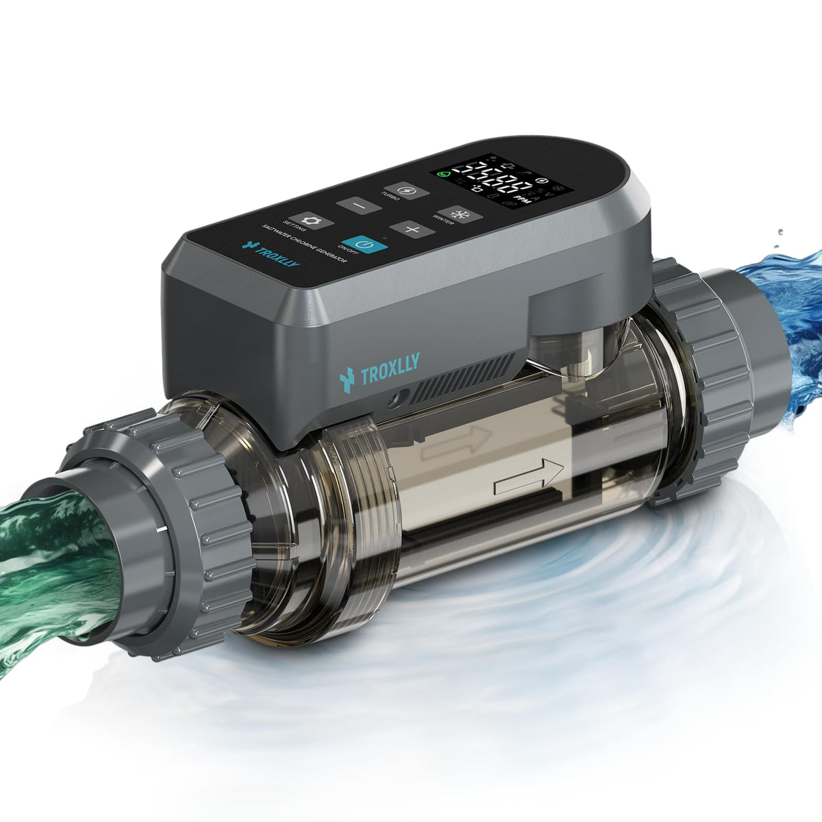 Troxlly saltwater chlorinator system with titanium cell for up to 40,000 gallons, stable chlorine output.