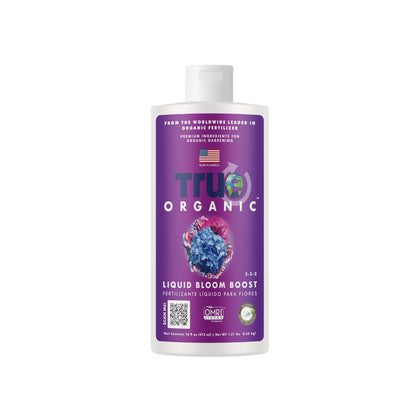 True Organic Liquid Bloom Boost bottle pour for easy application and vibrant blooms.