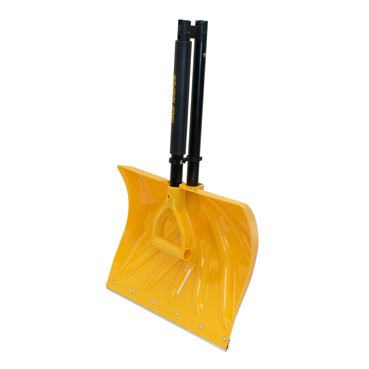 TRUE TEMPER folding snow shovel shows quick-connect handle assembly for fast setup.