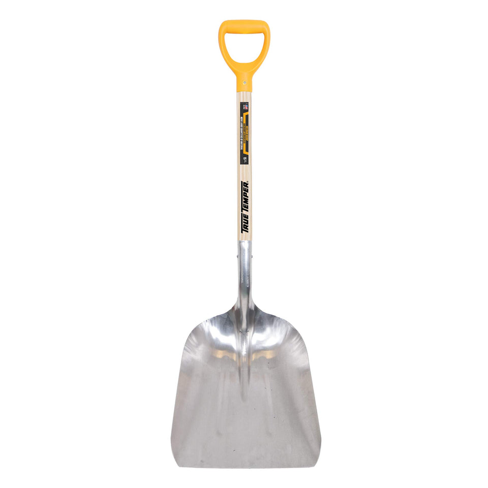 TRUE TEMPER scoop shovel with aluminum blade ready for grain and mulch tasks.