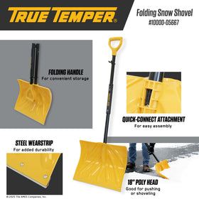 TRUE TEMPER collapsible snow shovel stored in a compact space for easy transport.