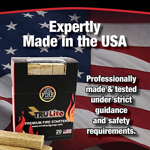 TRULite Premium Fire Starters box-20 pictured with safe, mess-free fire setup.