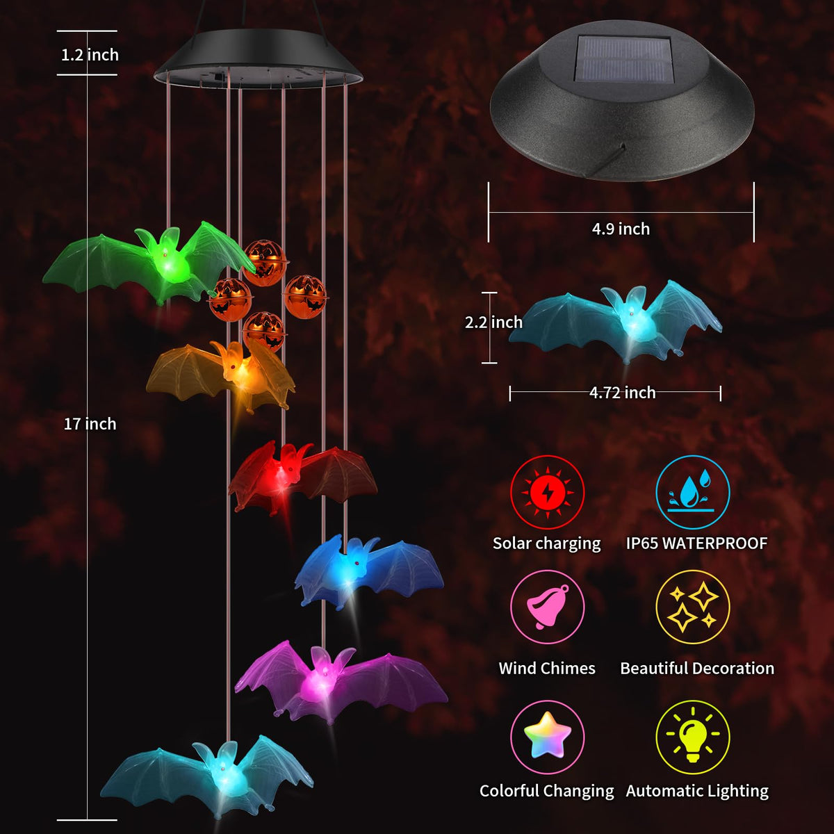 Trunfiste Bat Solar Wind Chimes creates night shadows on ground