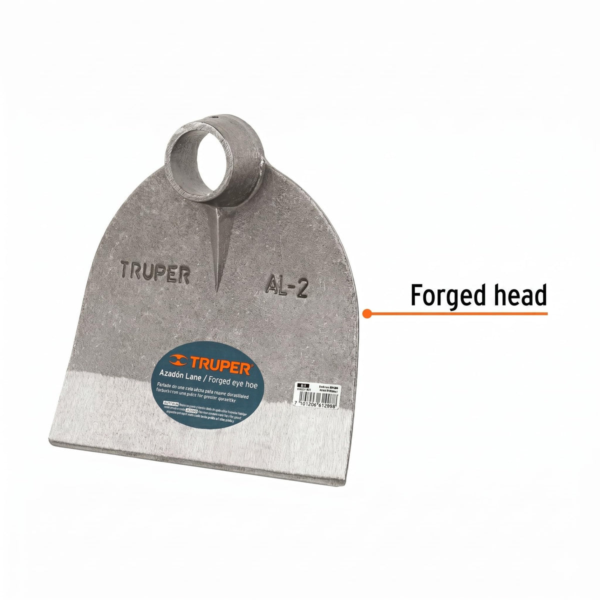Truper 2-lb forged steel hoe head with reinforced socket for secure fit.