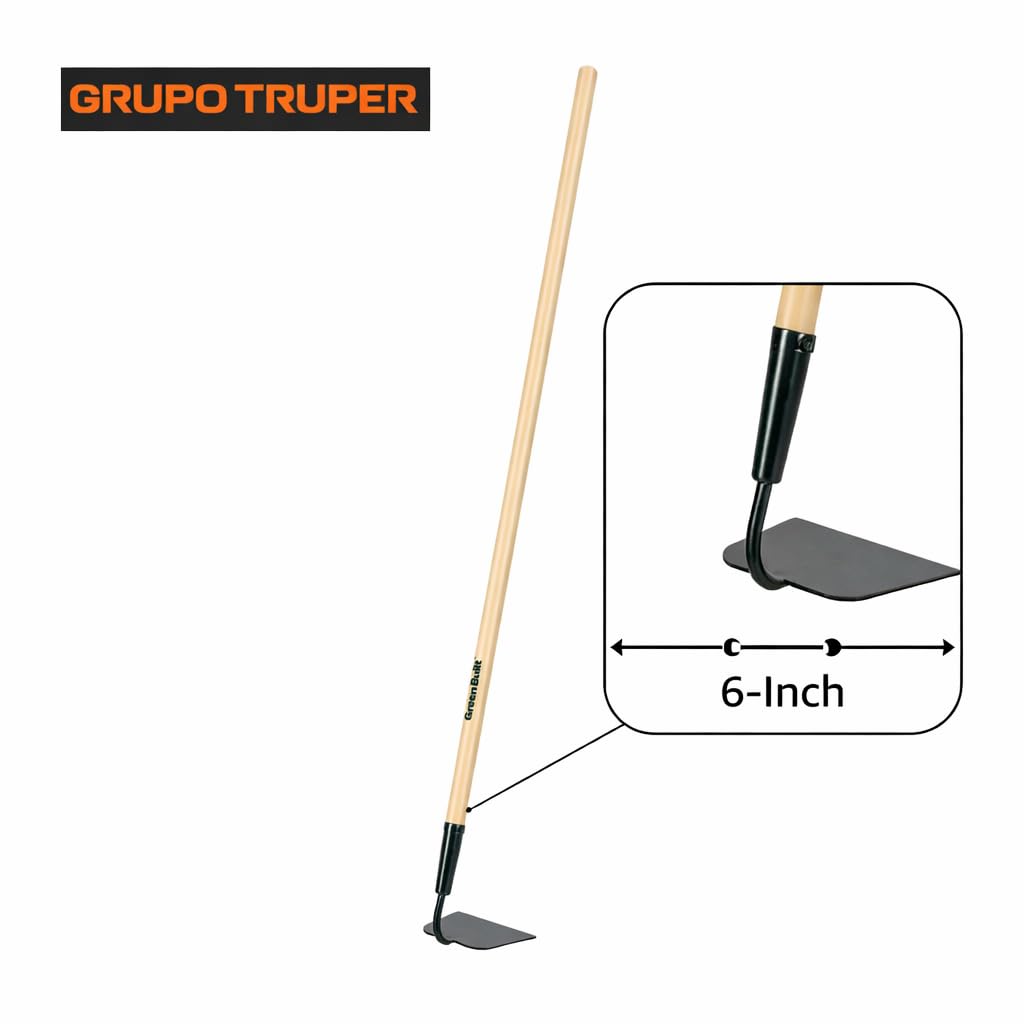Truper garden hoe loosens topsoil and shapes furrows for planting.
