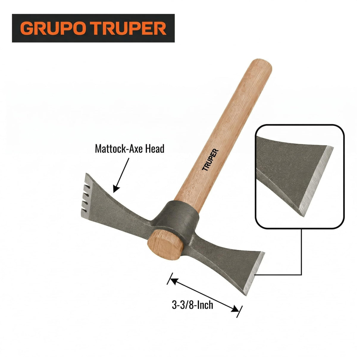 Truper Mattock-Axe tool with chisel edge for precise digging and planting.