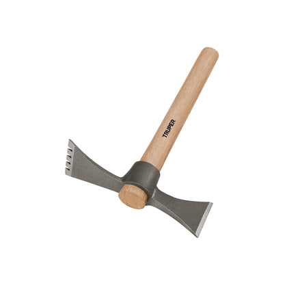 Truper Mattock-Axe tool with forged head 5160 chrome steel for durable cutting and digging.