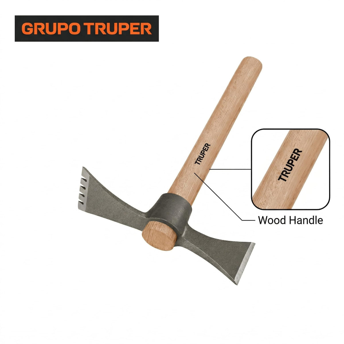 Truper Mattock-Axe tool with wood handle for secure grip and control.