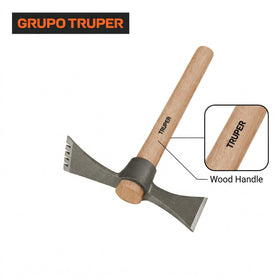 Truper Mattock-Axe tool with wood handle for secure grip and control.