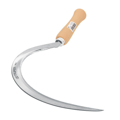 Truper serrated grass sickle 16 blade cuts tall grass with precision for efficient clearing.