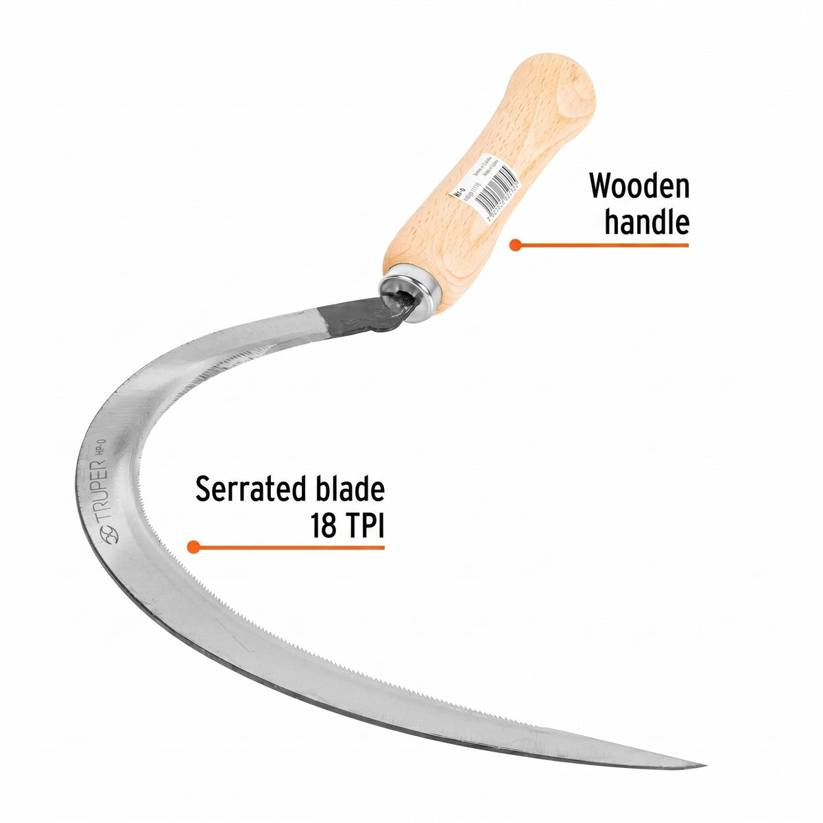 Truper serrated grass sickle 16 handle offers ergonomic grip for extended use in the garden.