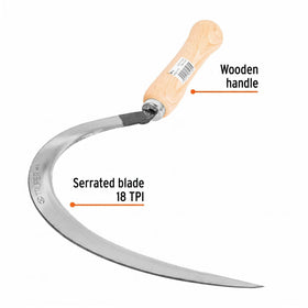 Truper serrated grass sickle 16 handle offers ergonomic grip for extended use in the garden.