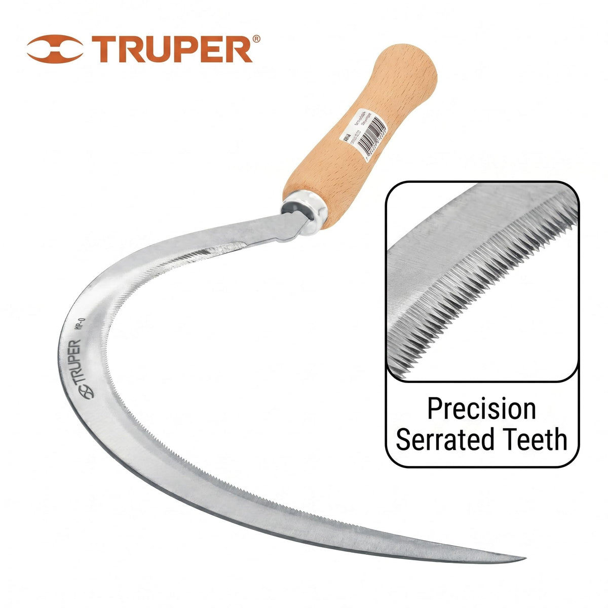 Truper serrated grass sickle used for manual harvesting and garden edge maintenance.