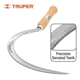 Truper serrated grass sickle used for manual harvesting and garden edge maintenance.