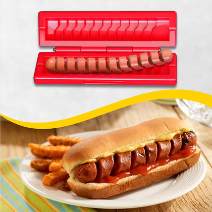 Trustella hotdog twister on countertop delivers effortless spiral cuts for uniform shapes.