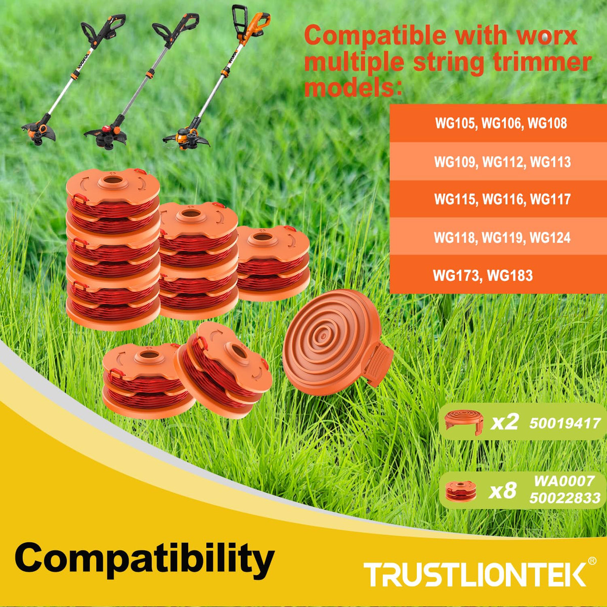 Close-up of TrustLIONTEK Worx-compatible spool showing high-quality nylon thread