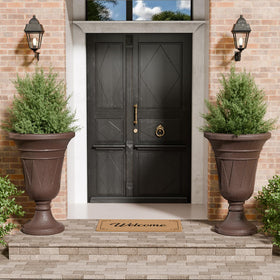 Trygoal brown urn planter complements porch or entryway decor.