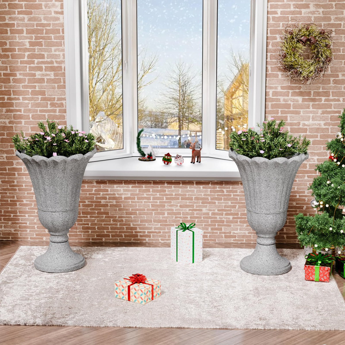 Indoor or outdoor use planters for tall plants and bold blooms.