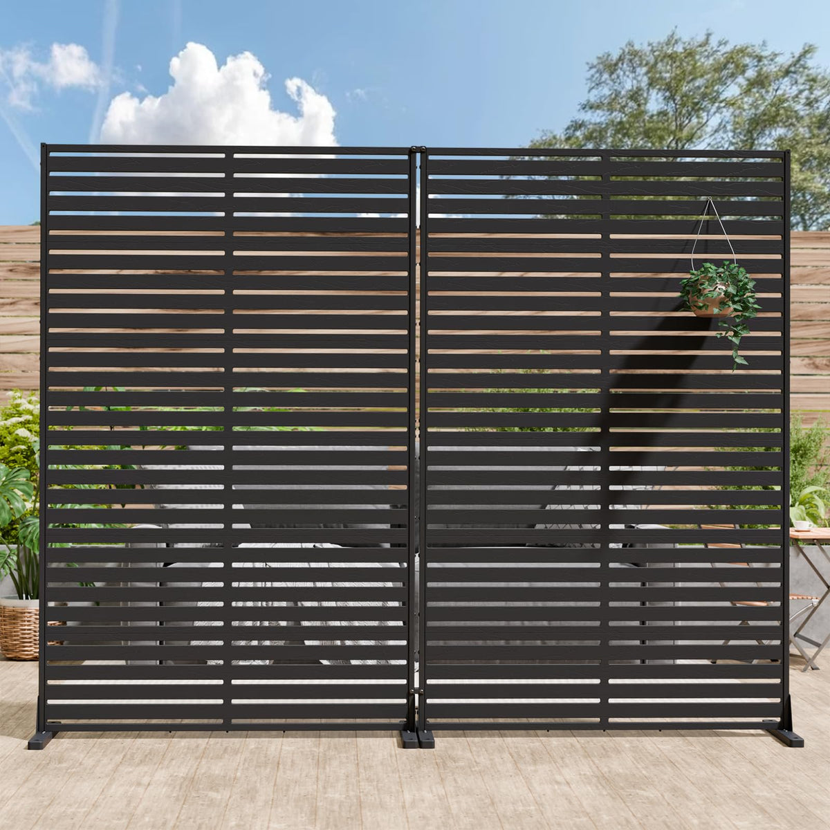 Trygoal outdoor privacy screen panel close-up shows durable HDPE and slatted design for deck privacy