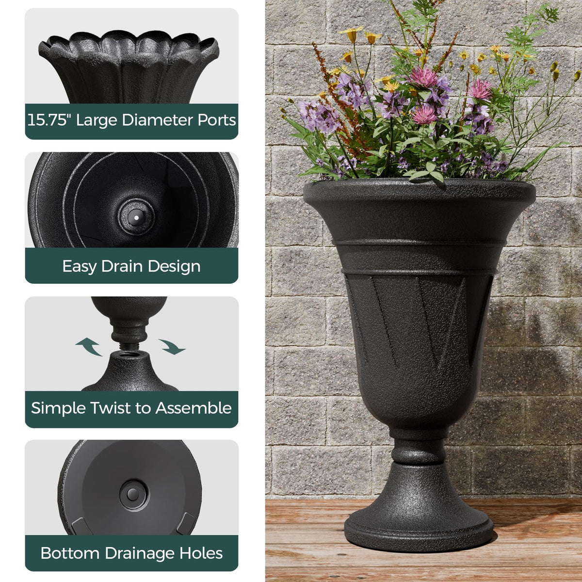 Trygoal tall urn planter base assembly image with twist-ready design