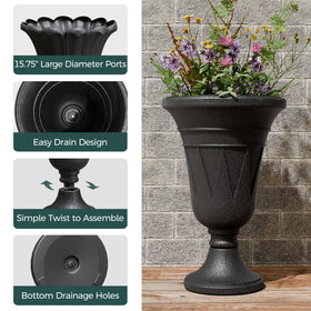Trygoal tall urn planter base assembly image with twist-ready design