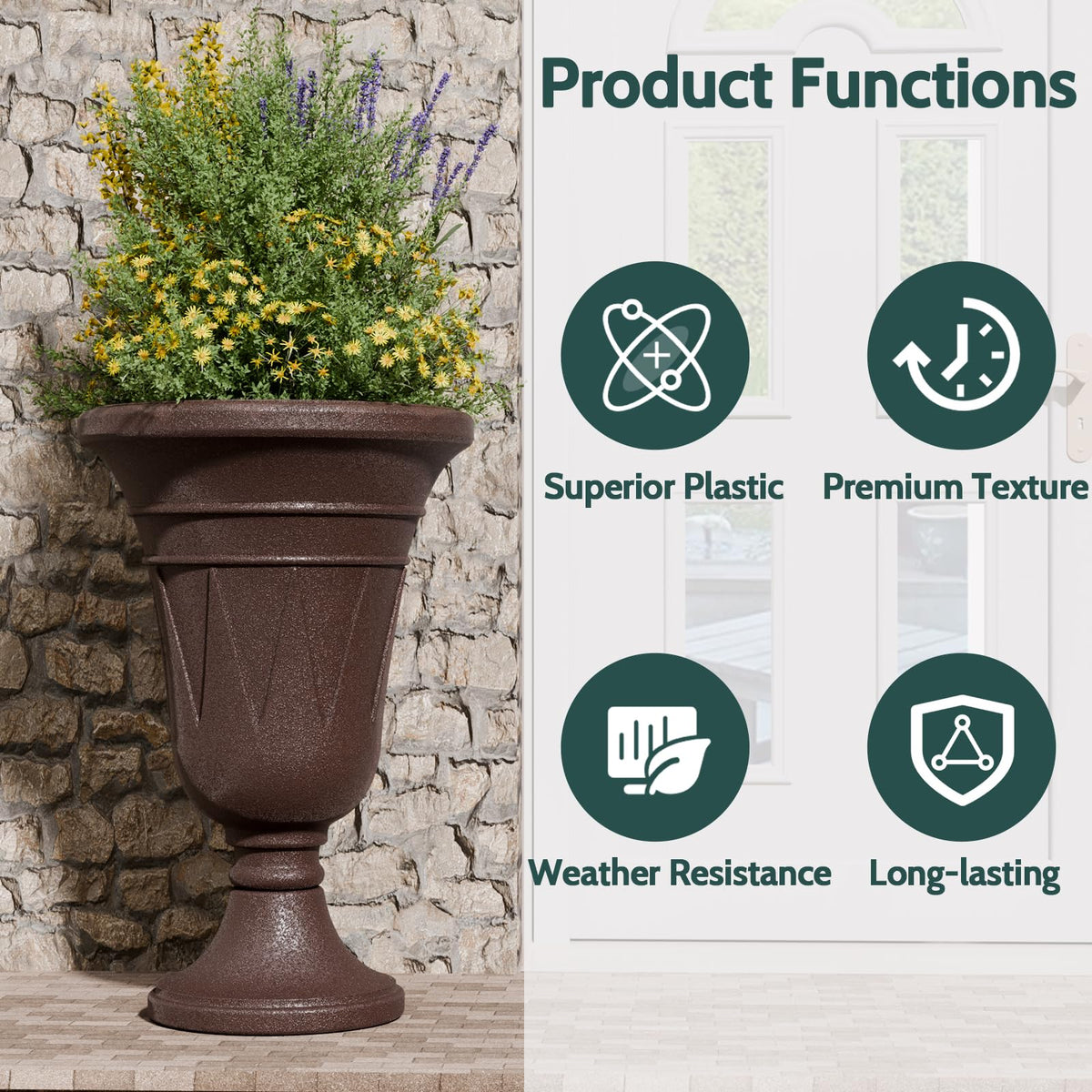 Trygoal weather-resistant HDPE keeps the pot durable in sun.