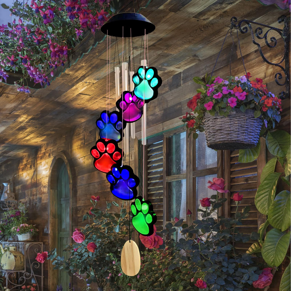 TSIPEKLO Paw Print wind chime with solar lights brightens outdoor evenings.