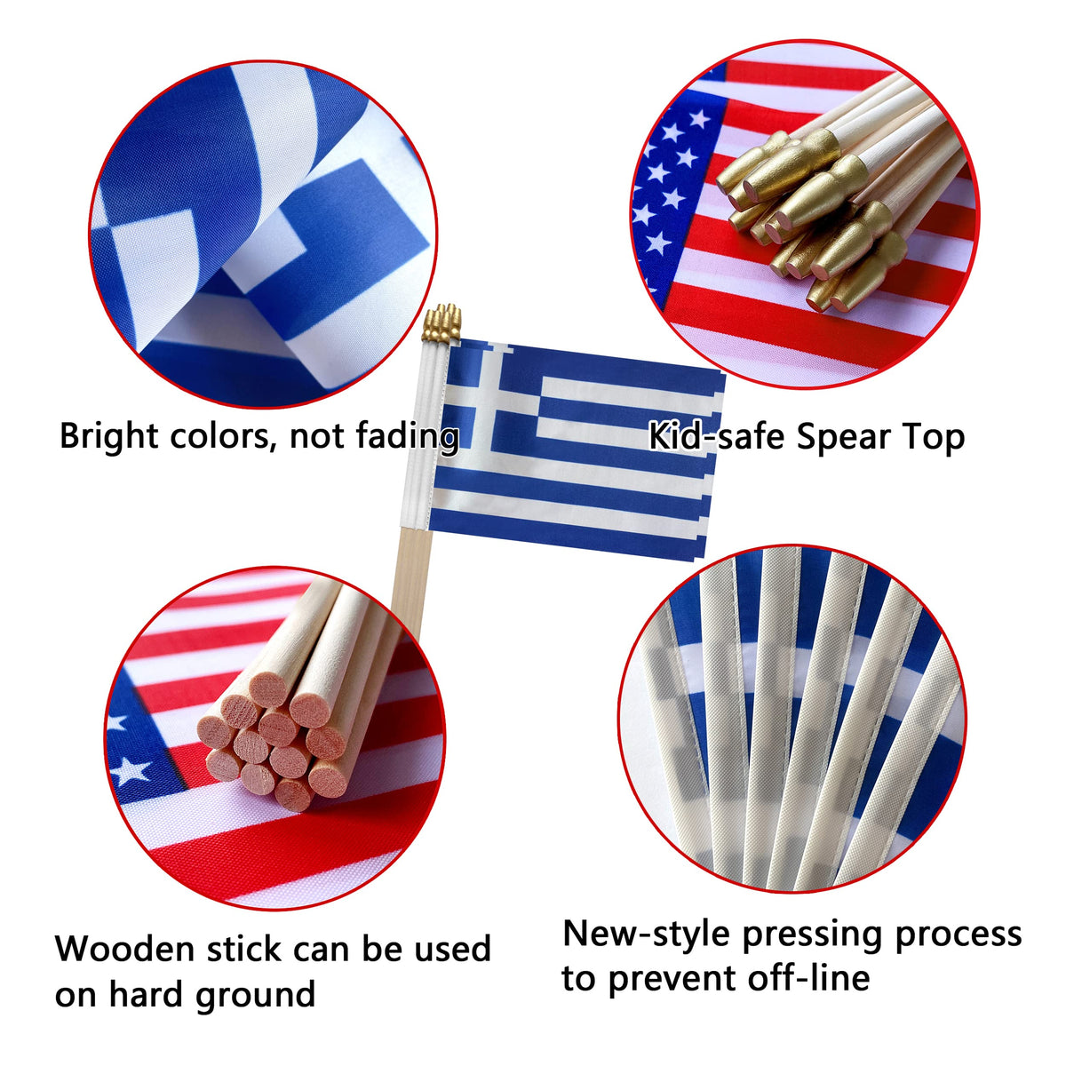 TSMD Greece stick flag rounded spear top for safe decorative use.