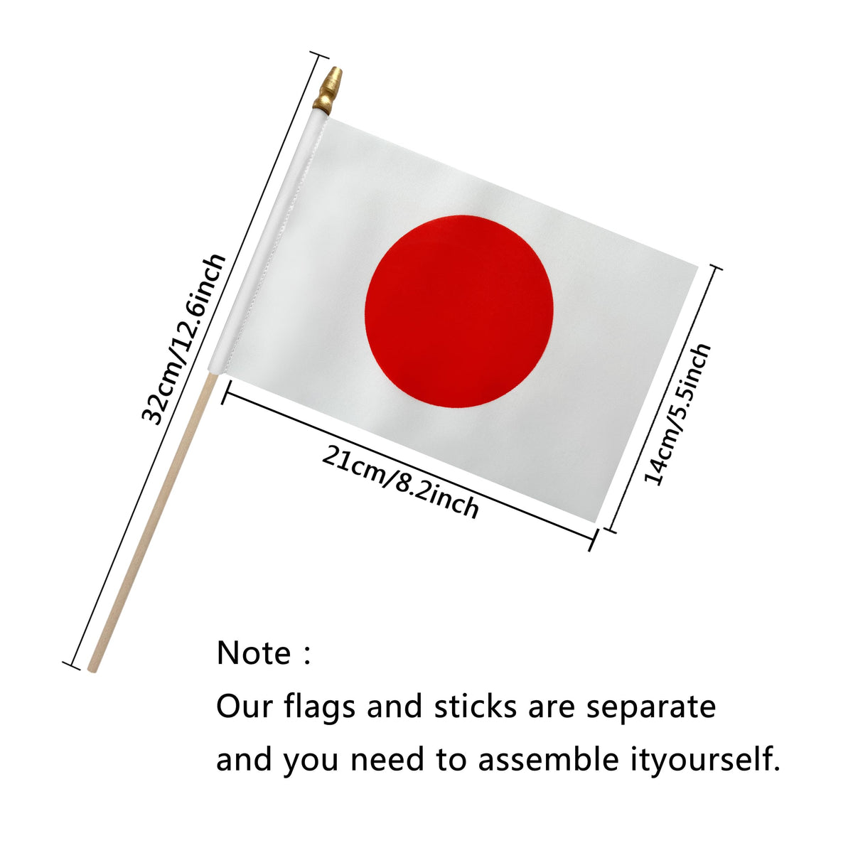 TSMD Japan flag on durable wood stick, 12-pack for celebrations.