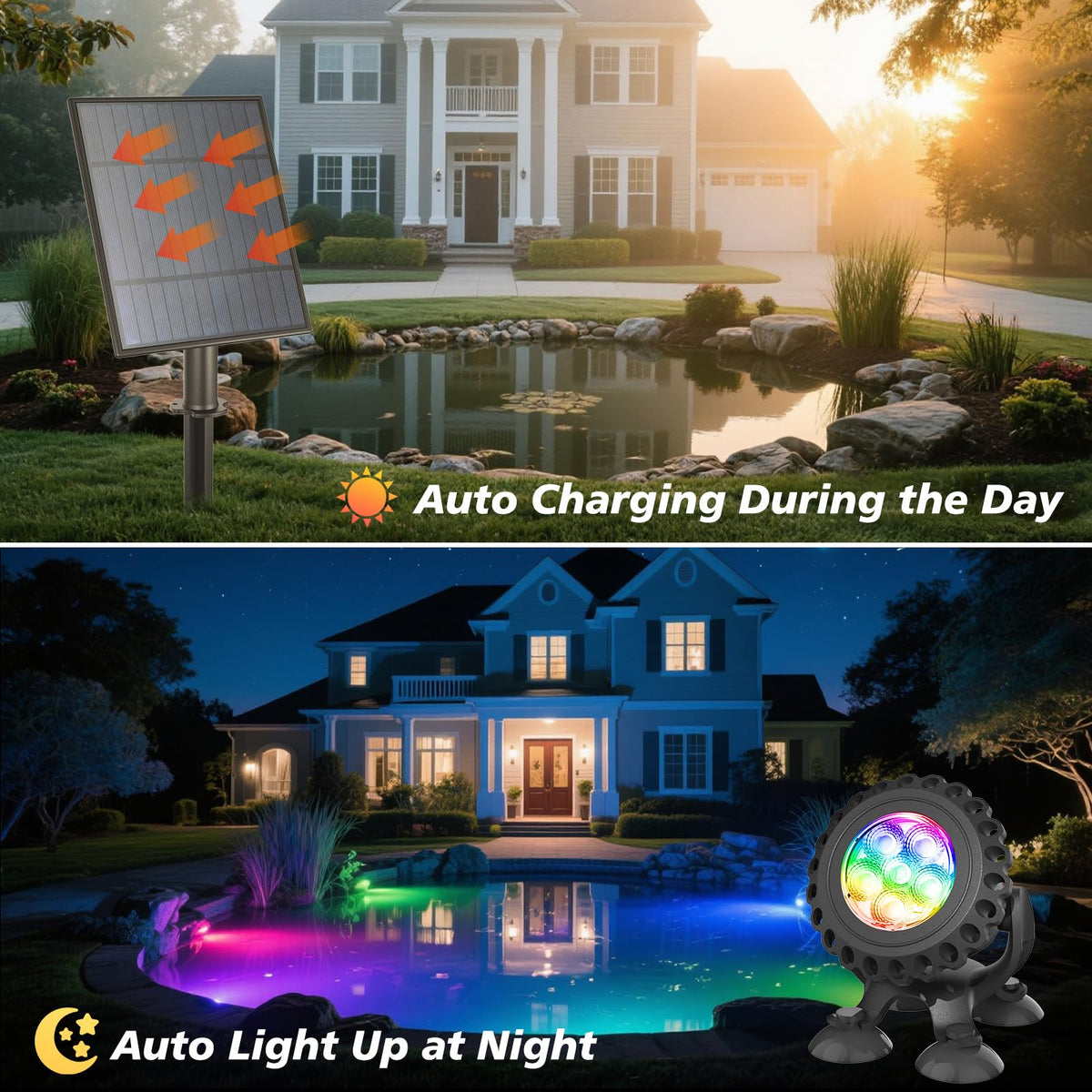 T-SUN Solar Pond Lights adjustable panel angle optimizes sun capture and light direction.