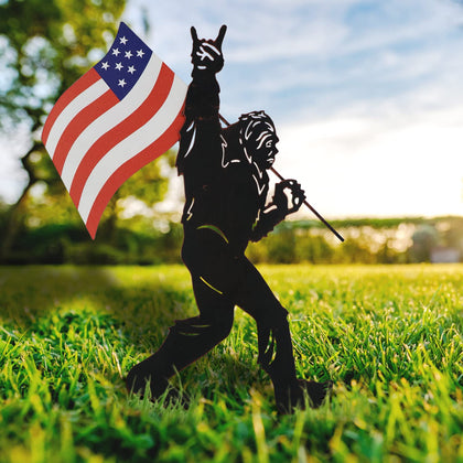 TT & MM Bigfoot holding a flag stake enhances garden decor and curb appeal.