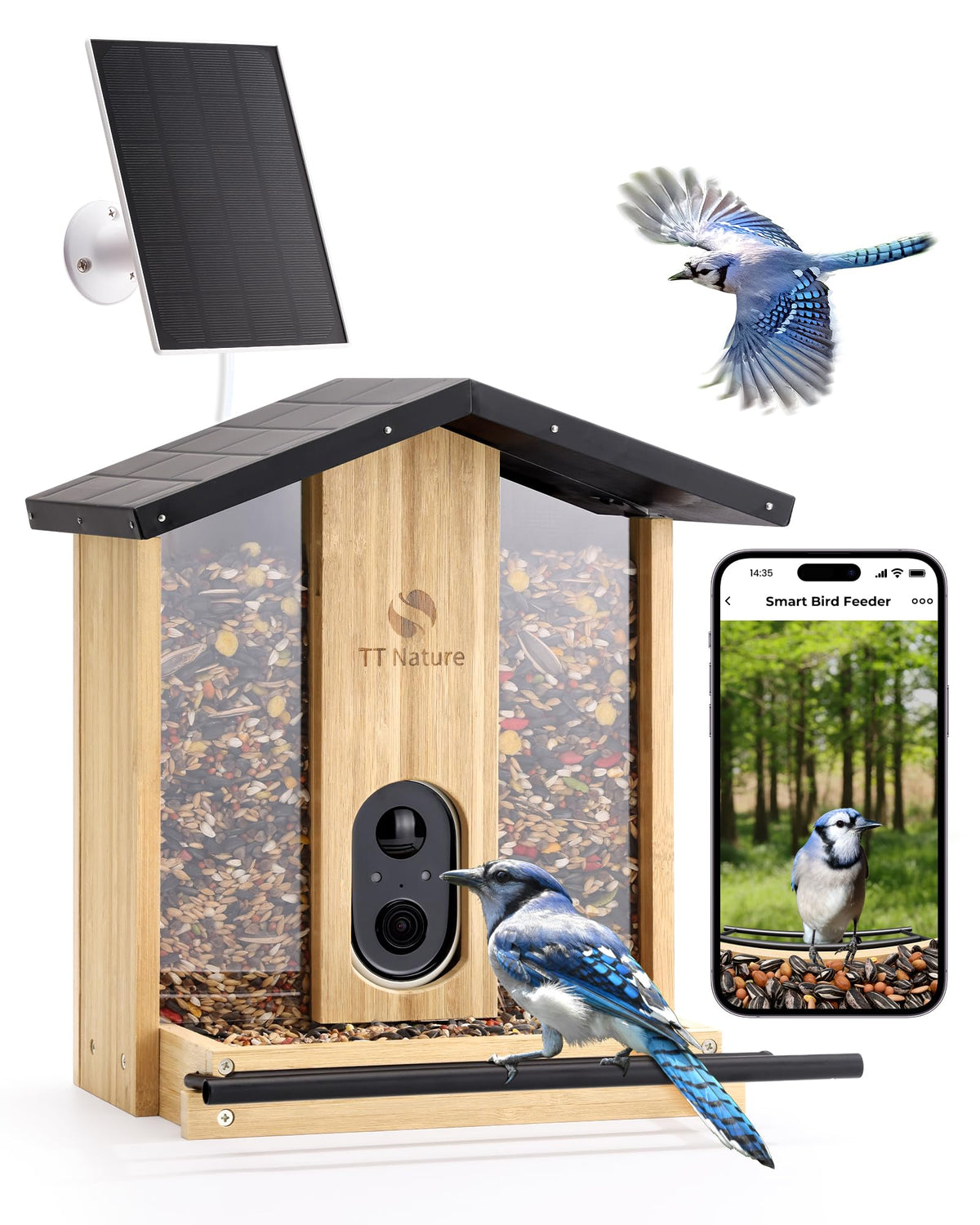 TT Nature bird feeder with camera: front view, showcasing bamboo design for backyard viewing