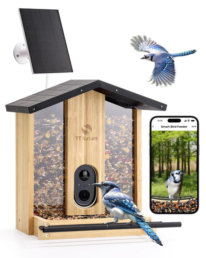 TT Nature bird feeder with camera: front view, showcasing bamboo design for backyard viewing