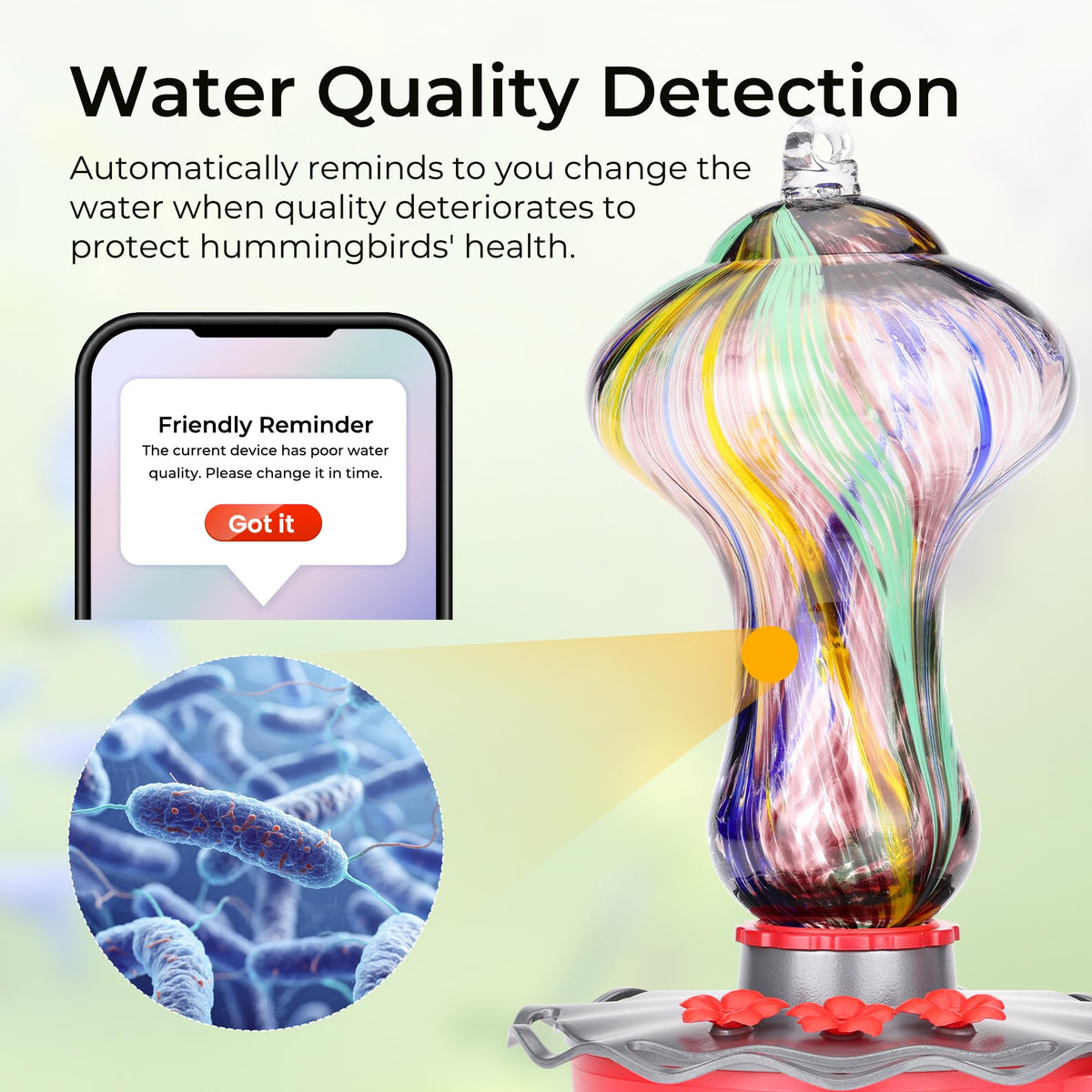 TT Nature Glass Hummingbird Feeder leakproof design prevents spills.