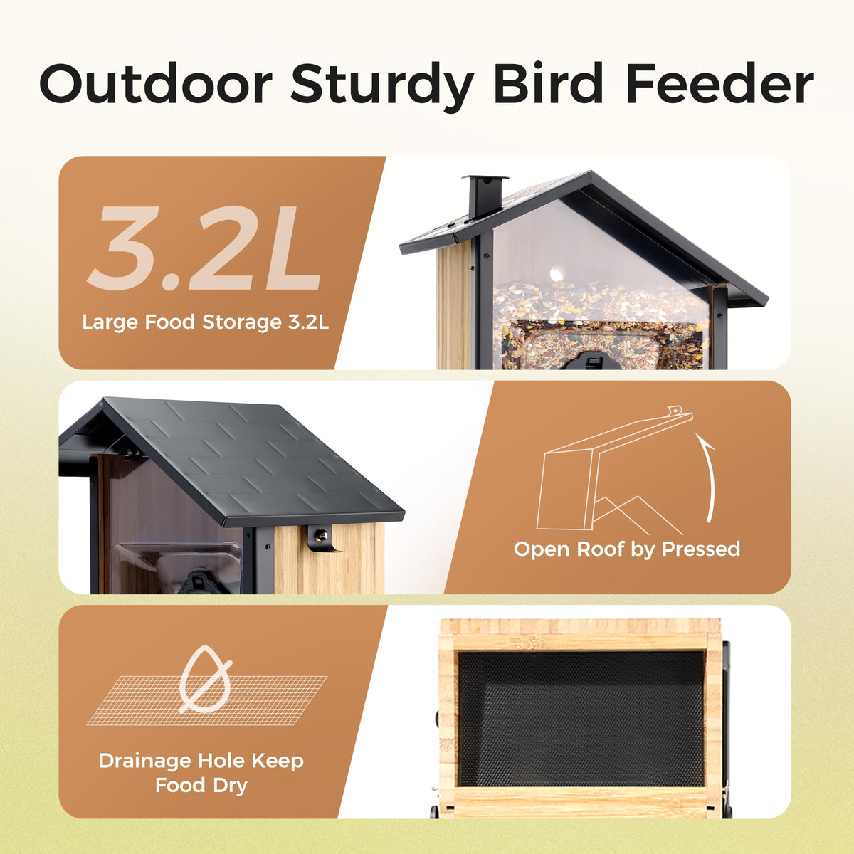 3.2L bamboo-capacity feeder holds plenty of seed for busy birding.