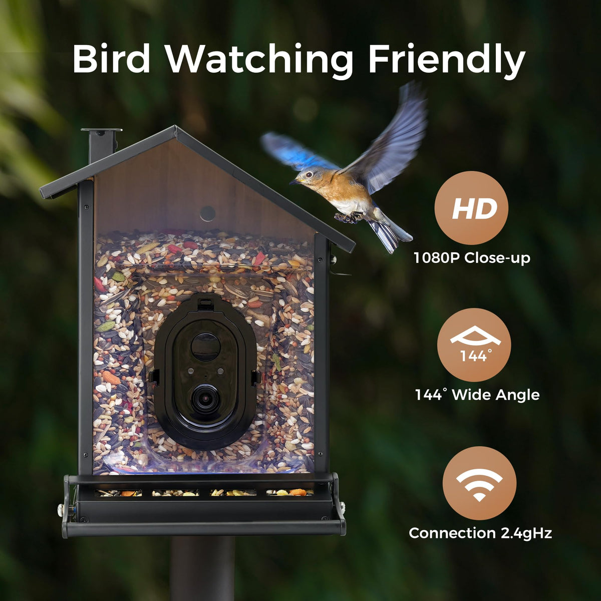 IP65 weatherproof design protects the feeder from rain and dust.