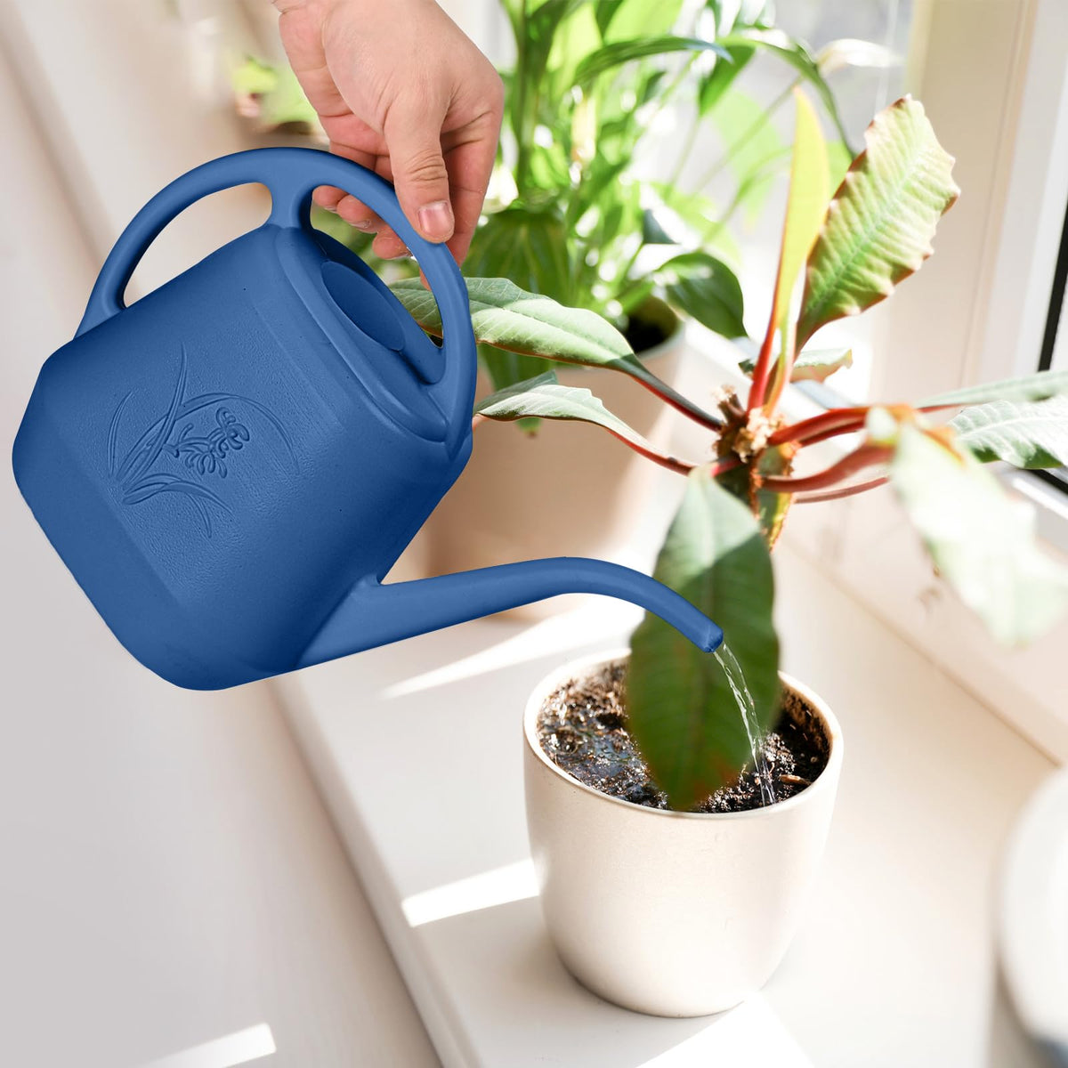 TTAOE GN lightweight blue watering can ideal for small-space gardening tasks.