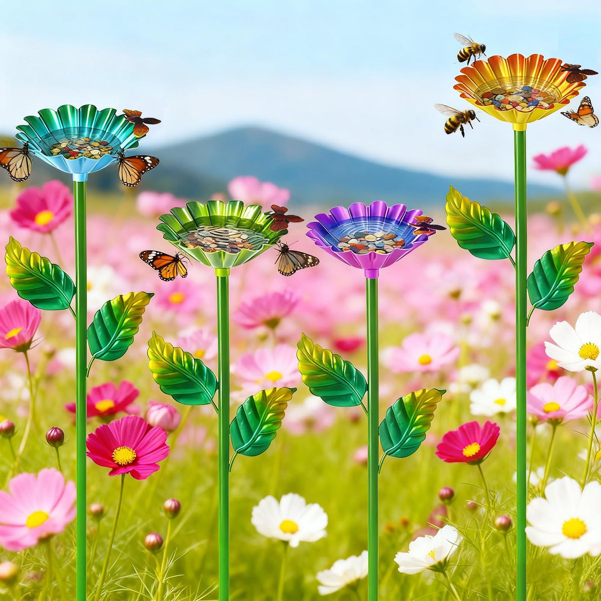 TTioDri bee watering station blue overview enhances outdoor décor and hydration