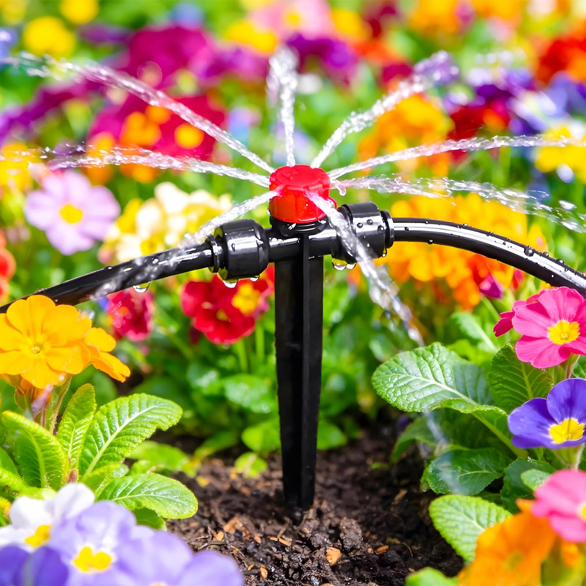 TTioDri stake-mounted sprayer for targeted garden hydration.