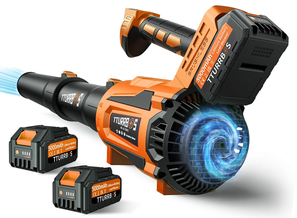 Tturrbos cordless leaf blower front view for easy yard cleanup with powerful performance.