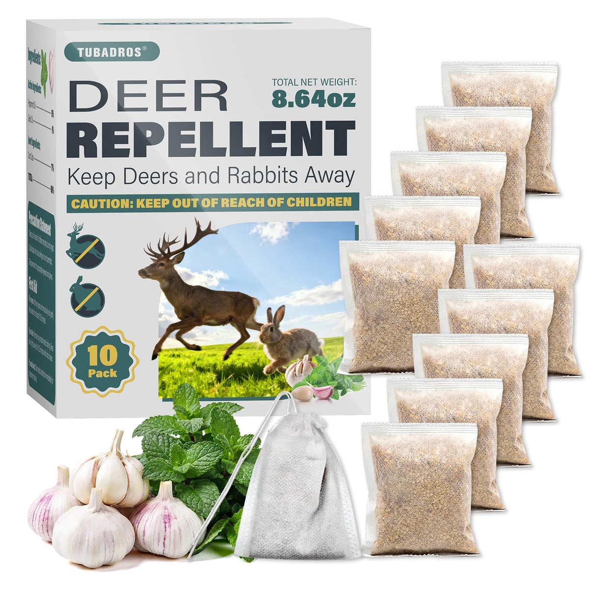 Tubadros Deer & Rabbit Pouches packaging shows a natural garden protection solution for outdoor spaces.
