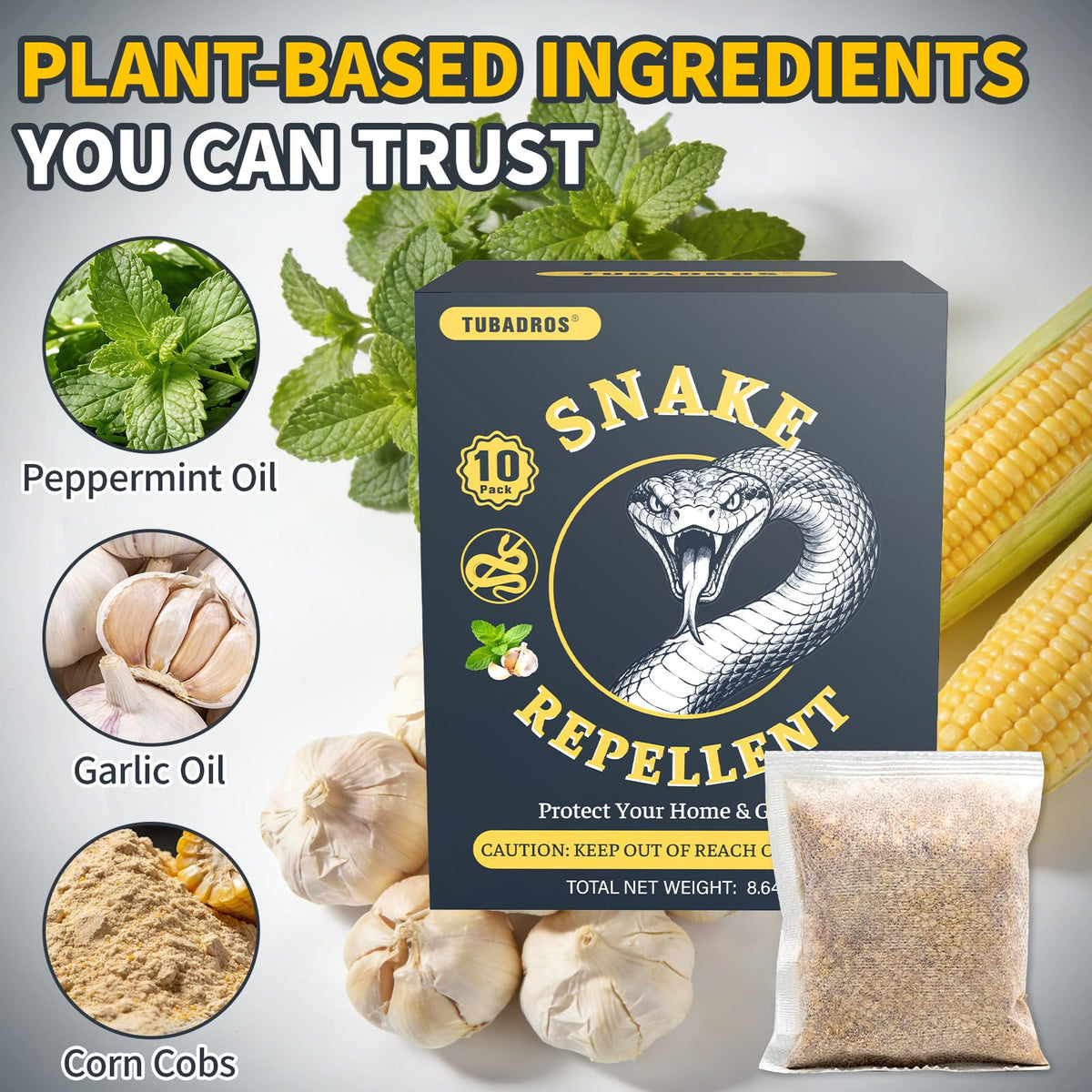 Tubadros plant-based snake deterrent showing natural formula for home safety.