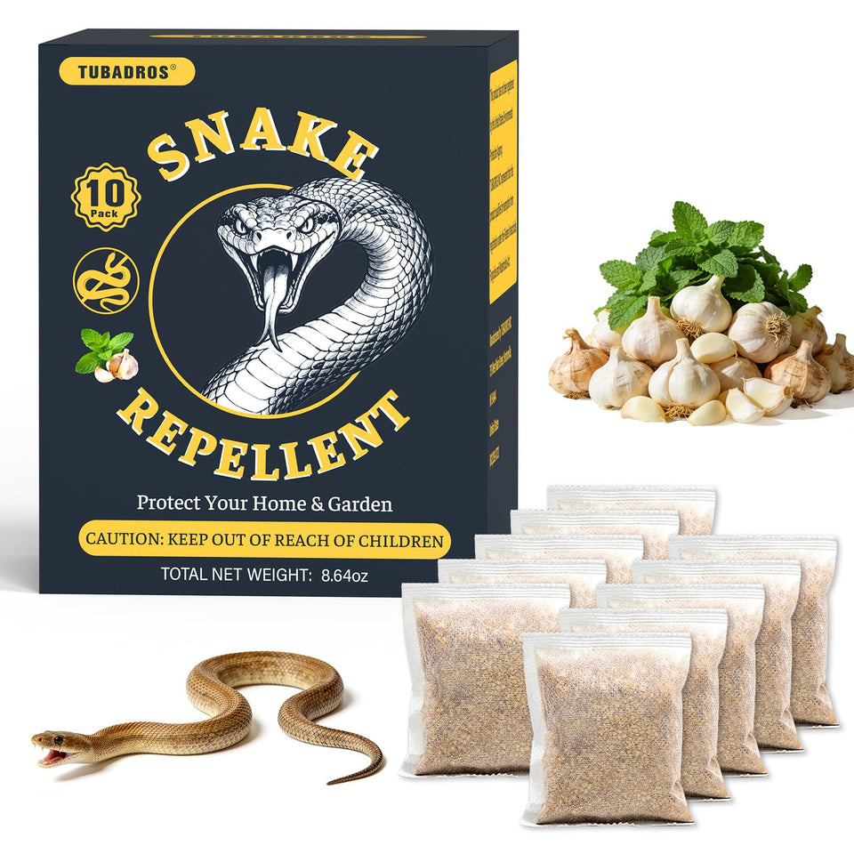 Tubadros Snake Repellent Pouches packaging showing plant-based protection for home and yard, safe for kids.