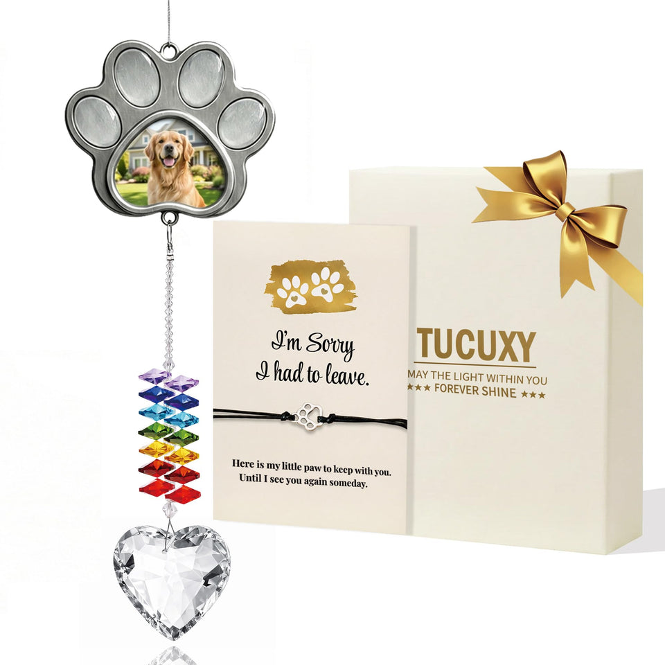 TUCUXY dog memorial suncatcher with paw frame illuminates a comforting space with sunlight