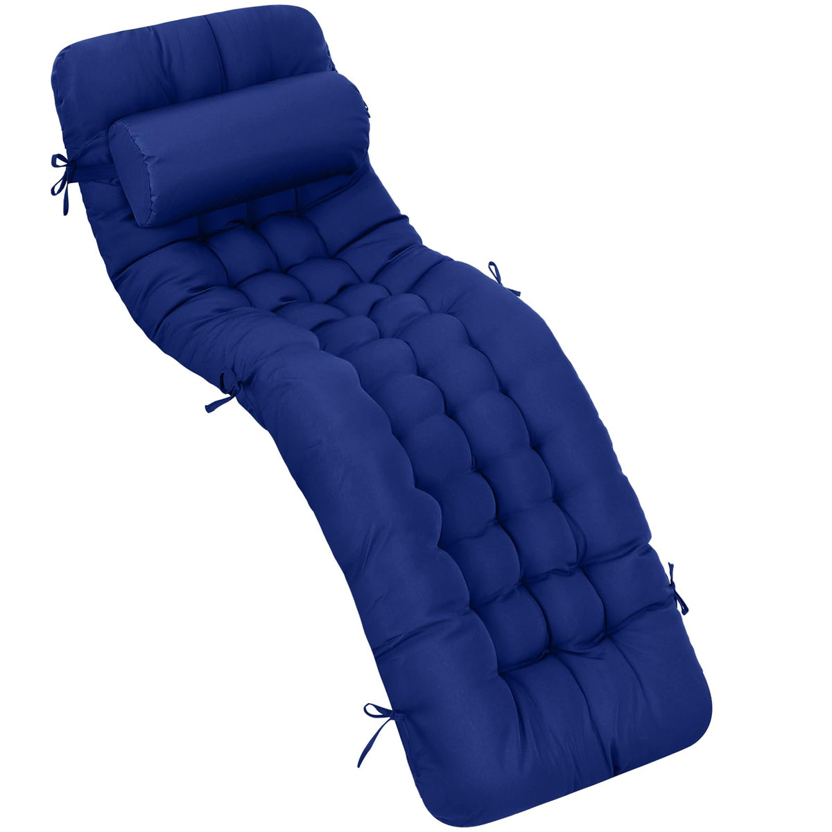 Tudomro 66-inch outdoor chaise cushion in blue provides plush back support.