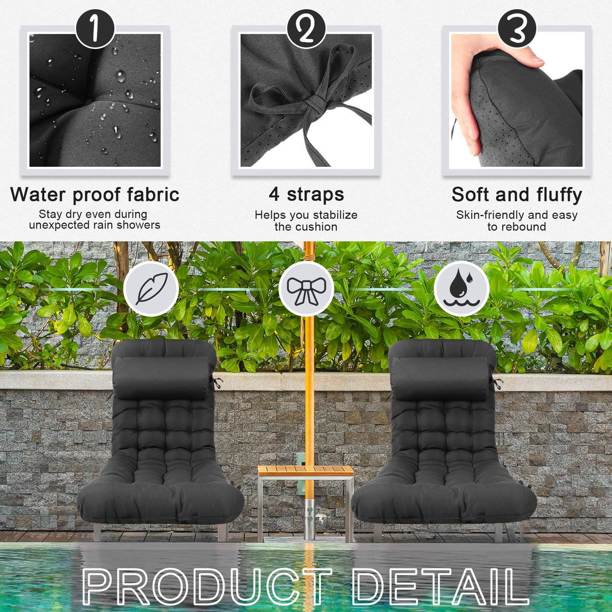 Tudomro cushion with six ties securing the seat to outdoor furniture.