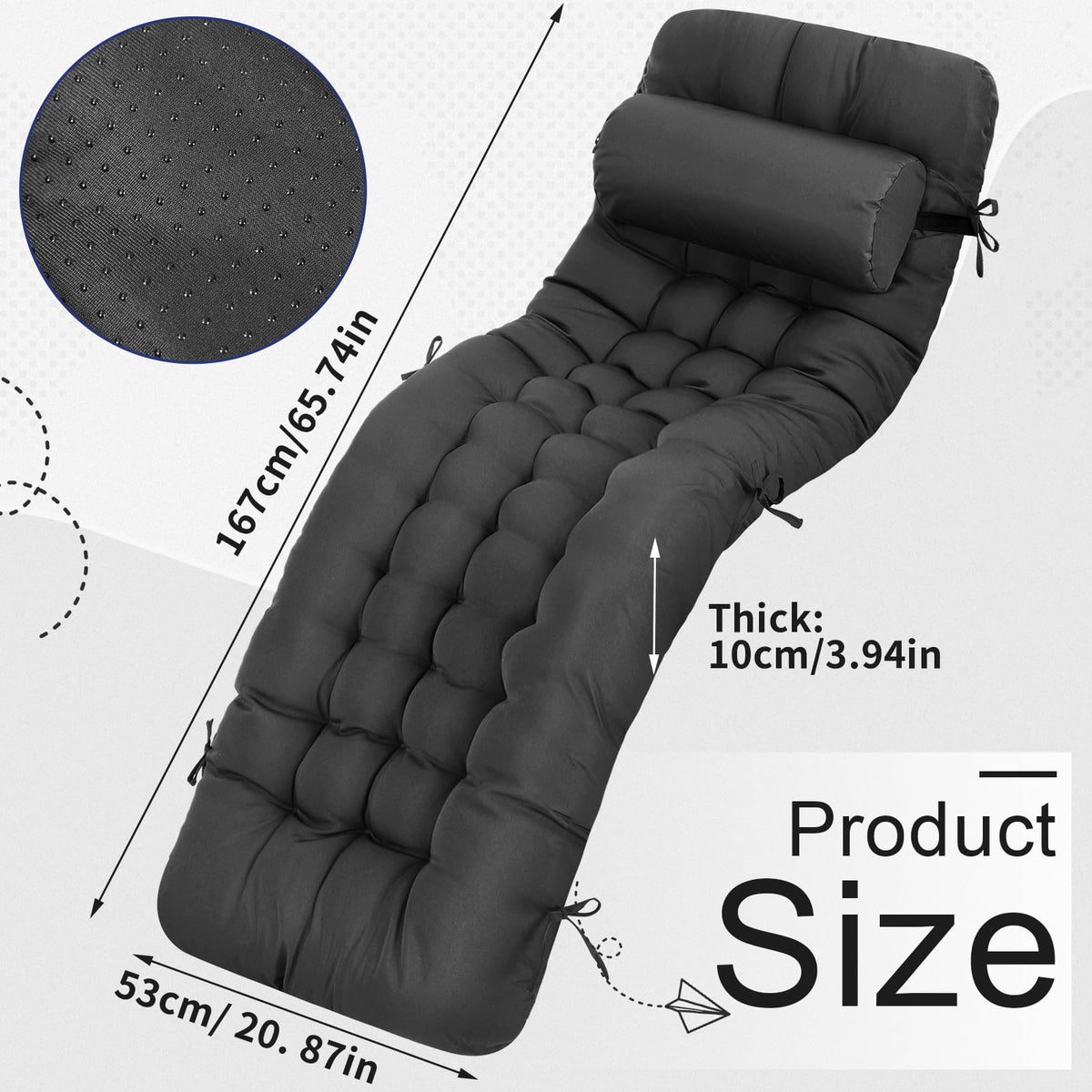 Tudomro chaise lounge cushion with headrest pillow showing added neck support.