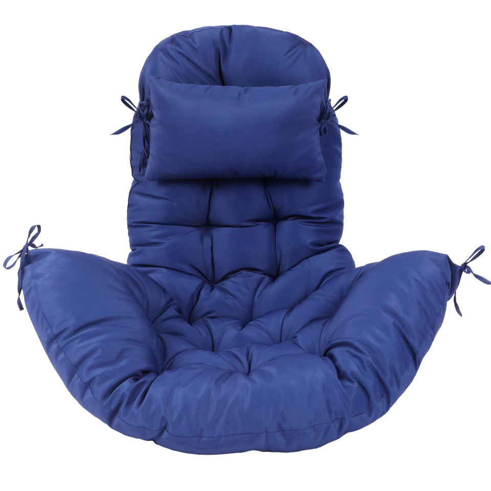 Tudomro navy egg chair cushion on outdoor chair for comfortable lounging.