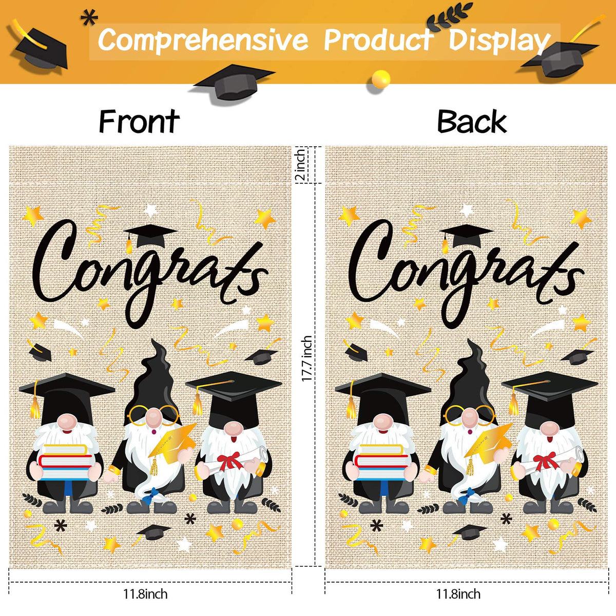 Tudomro gnome with diploma cap on double-sided flag for visibility