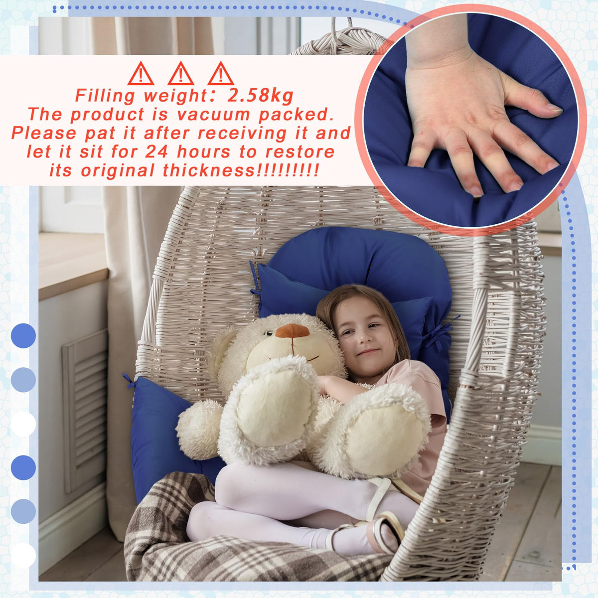 Hammock chair cushion with soft fill ideal for outdoor lounging areas.